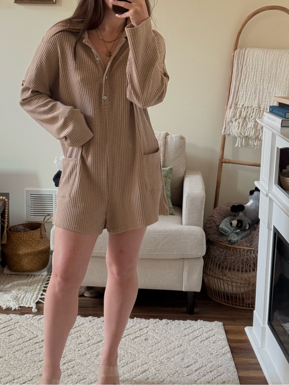 Ribbed Henley Pocket Romper in Beige